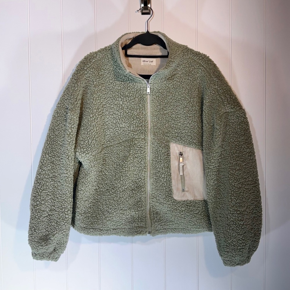 New In Sage Green Borg Sherpa Fleece Jacket Corduroy Trim Medium